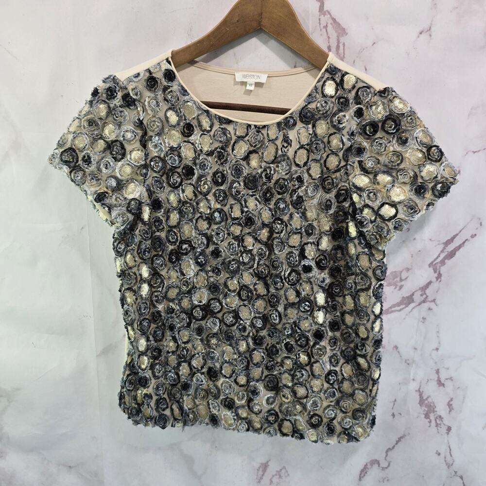 Anthropologie Short Sleeve Sequin Rosette Top in Black and Cream